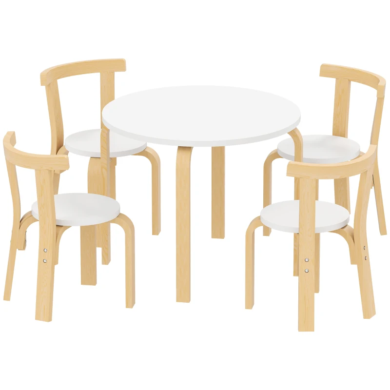 AIYAPLAY Set Tavolo e Sedie per Bambini 3-8 Anni 5 pz con Bordi Arrotondati in Legno Bianco