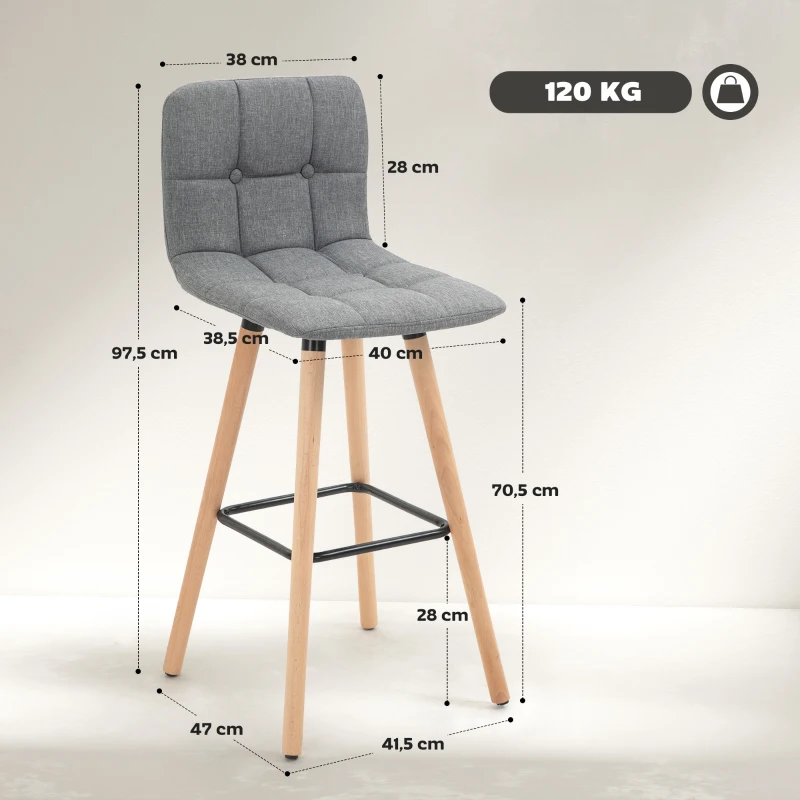 HOMCOM Lot de 2 tabourets de bar, chaises de bar capitonnées avec dossier et repose-pieds, pieds en bois, 41,5x47x97,5cm, gris