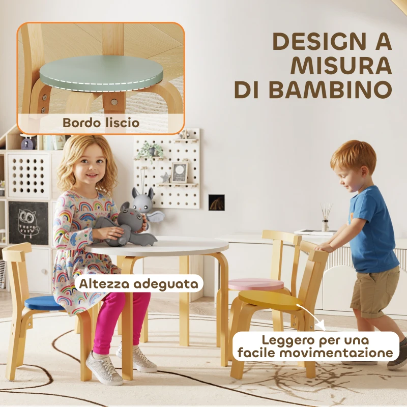 AIYAPLAY Set Tavolo e Sedie per Bambini 3-8 Anni 5 pz con Bordi Arrotondati in Legno Multicolore