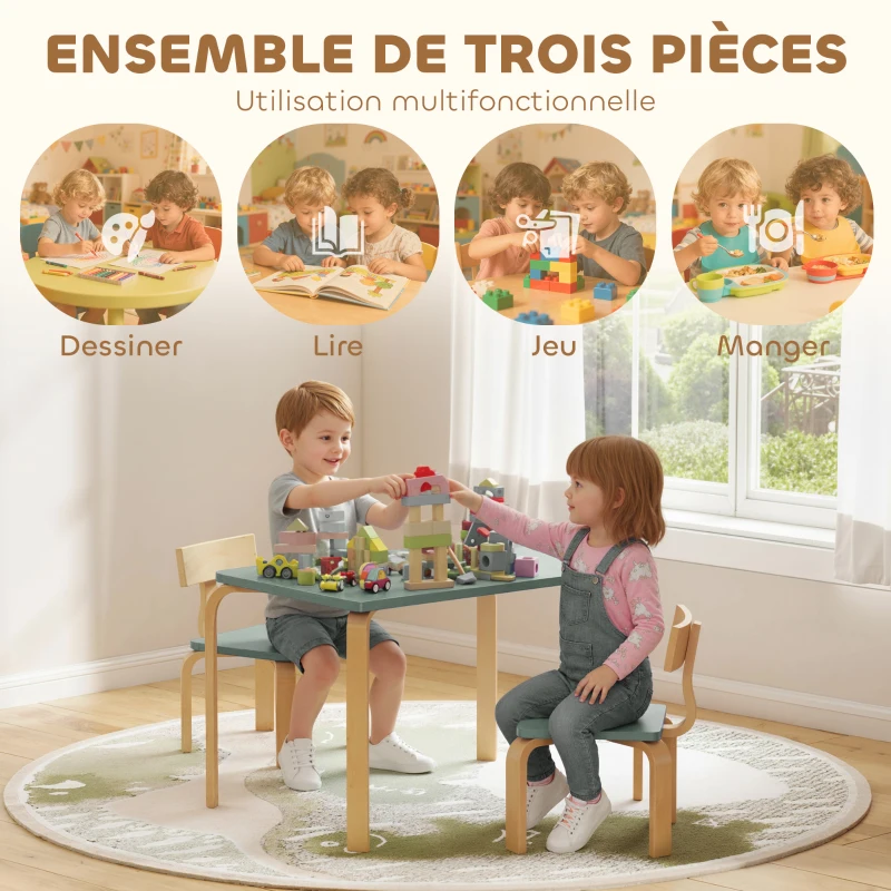AIYAPLAY Table enfant avec chaises, lot table et 2 chaises enfant en bois pour dessiner, jouer, étudier, 78x53x53cm, vert