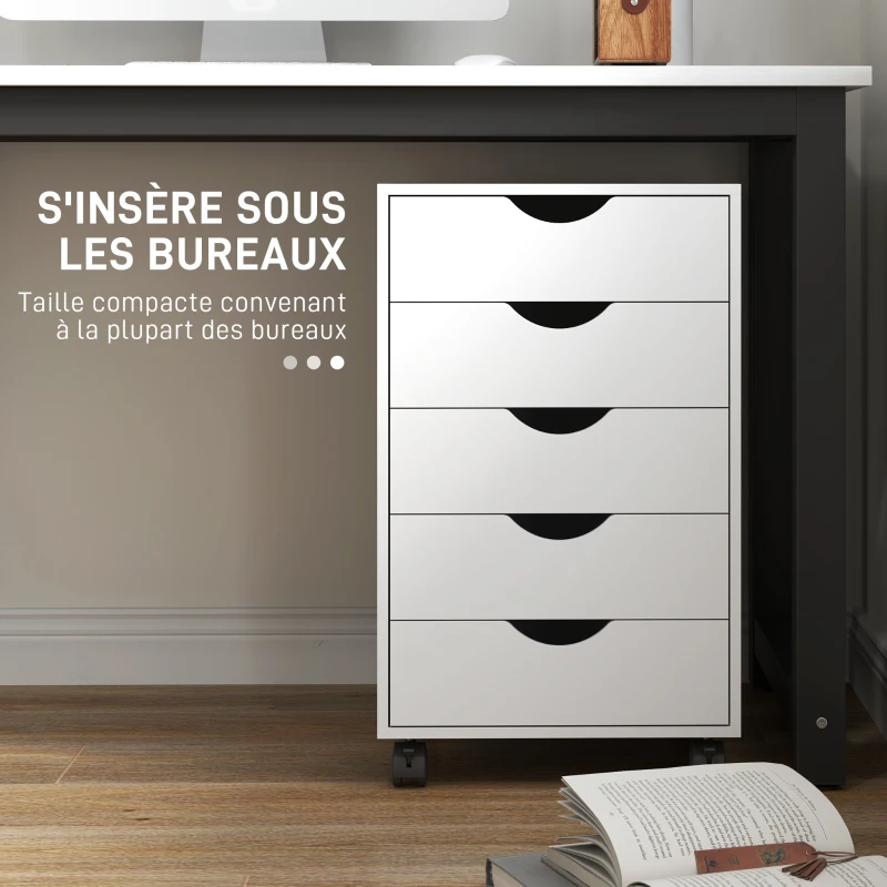 HOMCOM Caisson bureau mobile, meuble rangement sur roulettes avec 5 tiroirs, bois, 40 x 40 x 67 cm, blanc