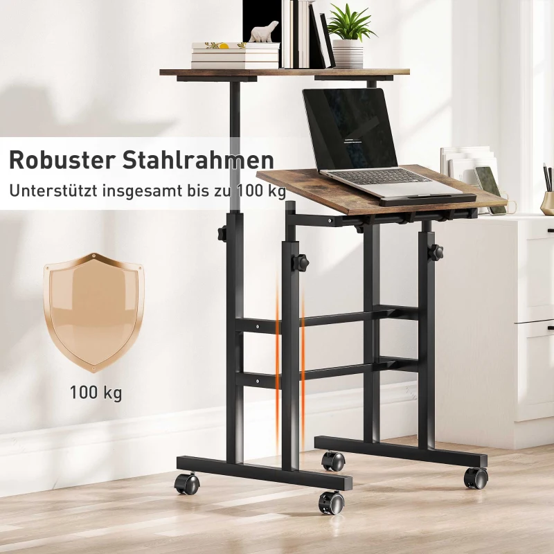 HOMCOM chreibtisch Höhenverstellbar Küchentisch mit Regal, Rollen, Computertisch Rustikal Braun 60 x 60 x 70,5-120 cm