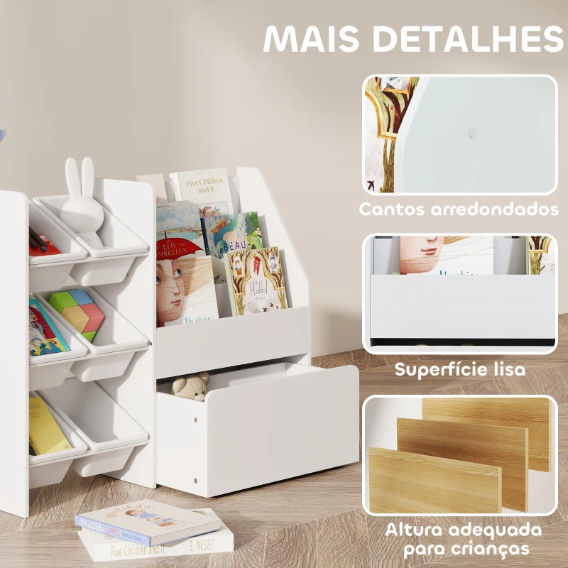 AIYAPLAY Estante Infantil para Brinquedos com 6 Caixas Removíveis 3 Prateleiras Abertas e Gaveta Inferior com Rodas 100x30x80 cm Branco