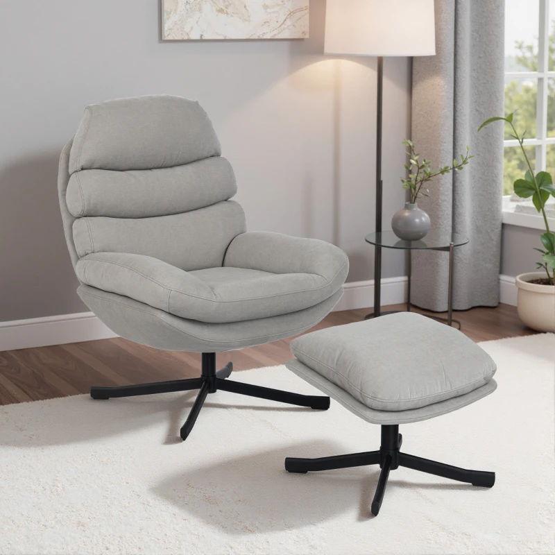 HOMCOM Fauteuil relax avec ottomane Fauteuil lounge en tissu chenille Fauteuil TV moderne, 78 x 93 x 100 cm, crème