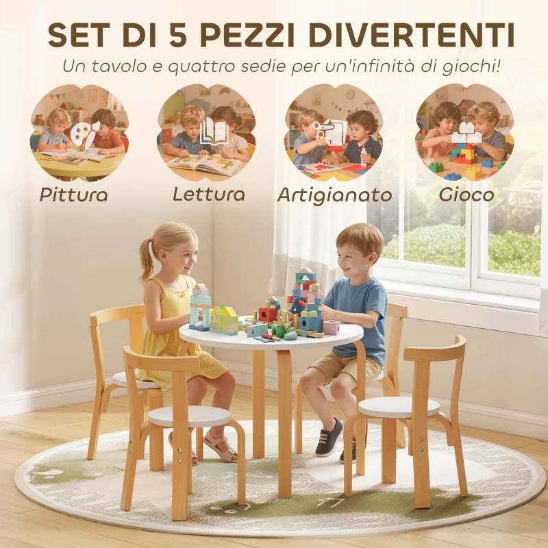 AIYAPLAY Set Tavolo e Sedie per Bambini 3-8 Anni 5 pz con Bordi Arrotondati in Legno Bianco