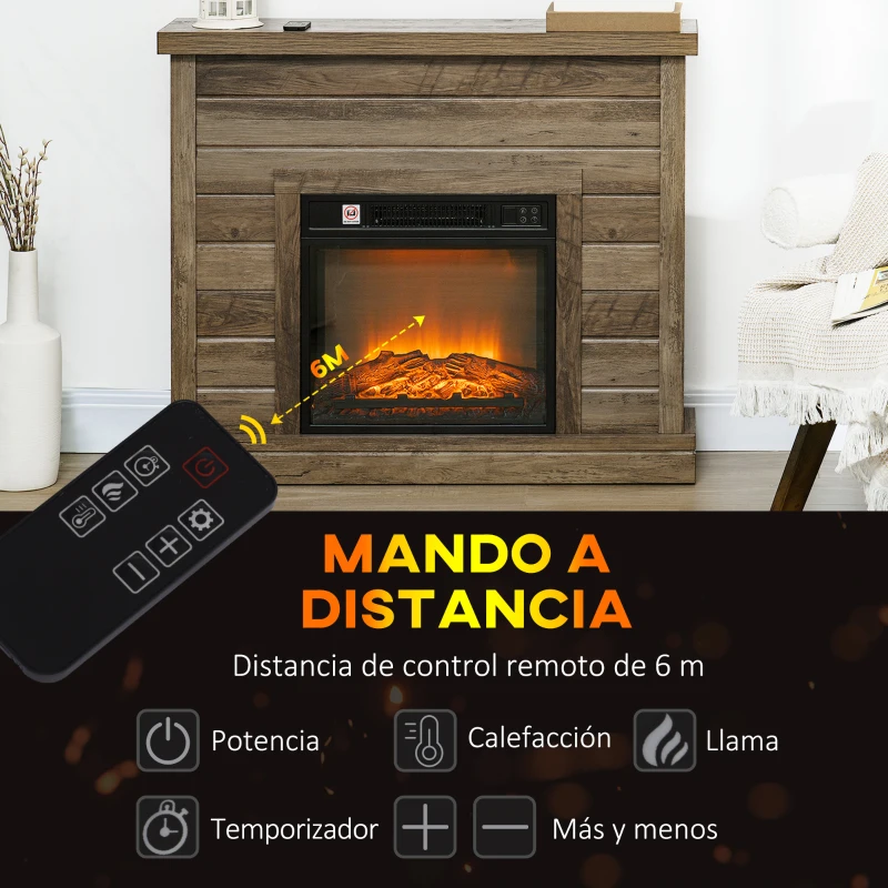 HOMCOM Chimenea Eléctrica 1800W con Efecto de Llama Mando a Distancia Temporizador Semanal para Sala 30 m² Madera
