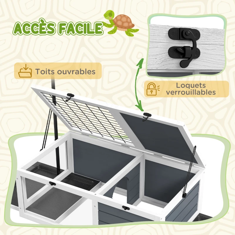 PawHut Maison enclos cage pour petit animal tortue avec 2 espaces support de lampe réglable 81 x 48 x 31,5 cm gris