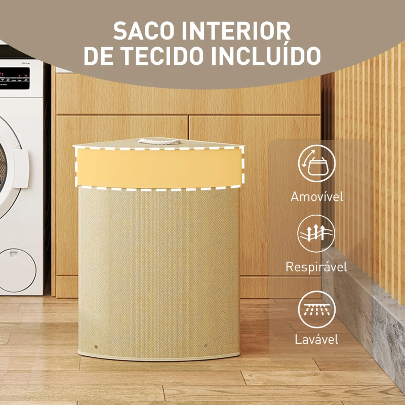 HOMCOM Cesto para Roupa Suja de Bambu de 55L com Tampa e Asa Saco Extraível e Lavável para Casa de Banho Quarto, 35x35x60 cm Creme