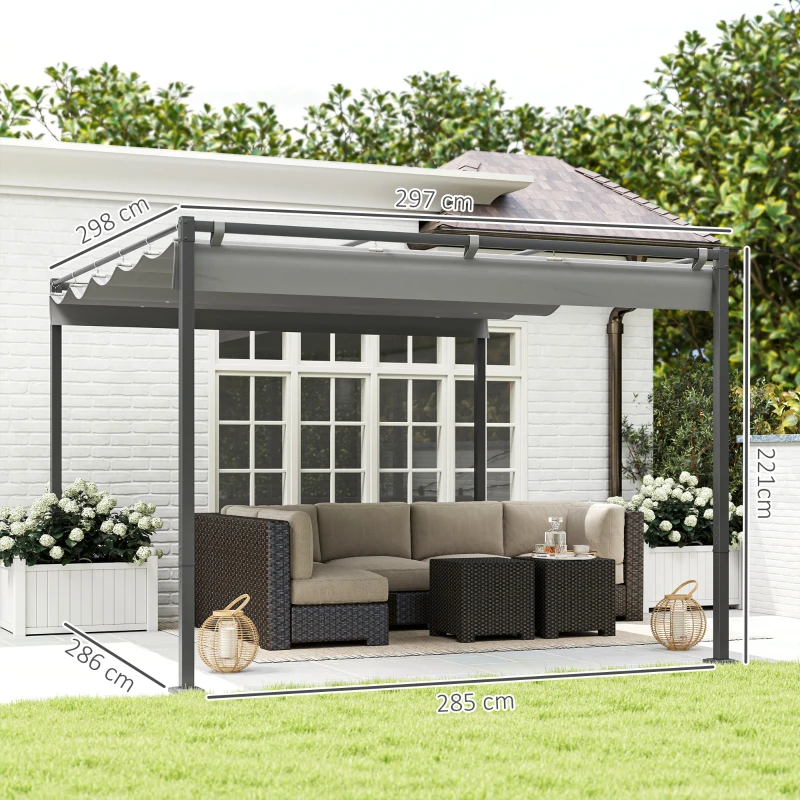 Outsunny 3 x 3m Retractable Roof Metal Pergola - Grey