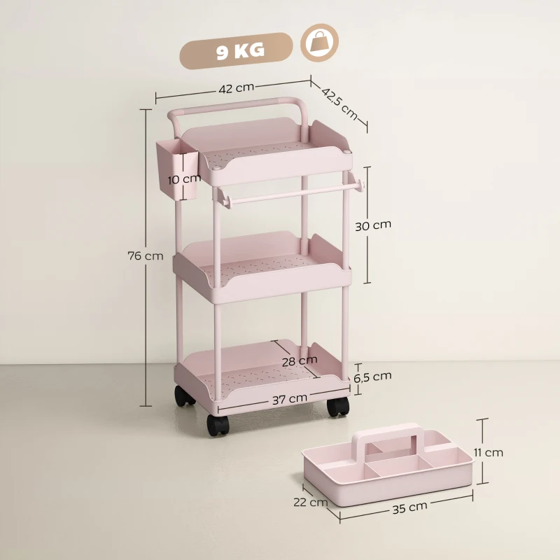HOMCOM Carrinho Auxiliar com Rodas de 3 Níveis com Cestos Extraíveis Suporte para Toalhas e Estrutura de Metal 42x42,5x76 cm Rosa