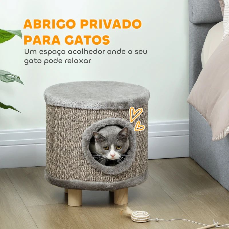 PawHut Casa para Gatos 3 em 1 Banco Apoio para os Pés e Cama com Arranhador e Brinquedo Pendurado 36x36x38 cm Cinzento