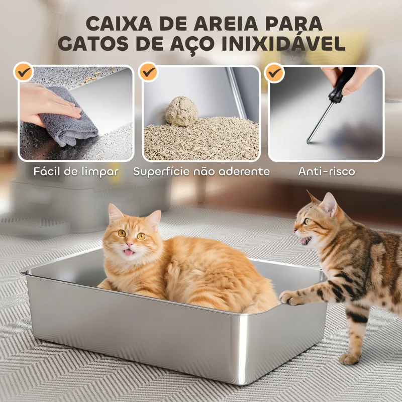PawHut Caixa de Areia para Gatos de Aço Inoxidável XL com Tampa Articulada 180° Laterais Altas Pedal Pá 63x43x43 cm Cinza Claro