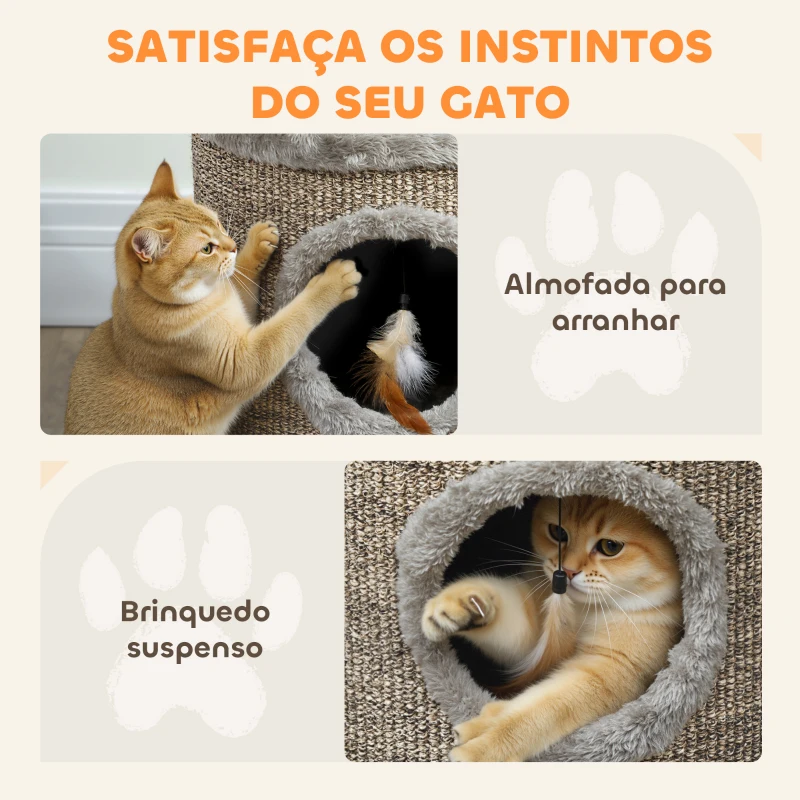PawHut Casa para Gatos 3 em 1 Banco Apoio para os Pés e Cama com Arranhador e Brinquedo Pendurado 36x36x38 cm Cinzento