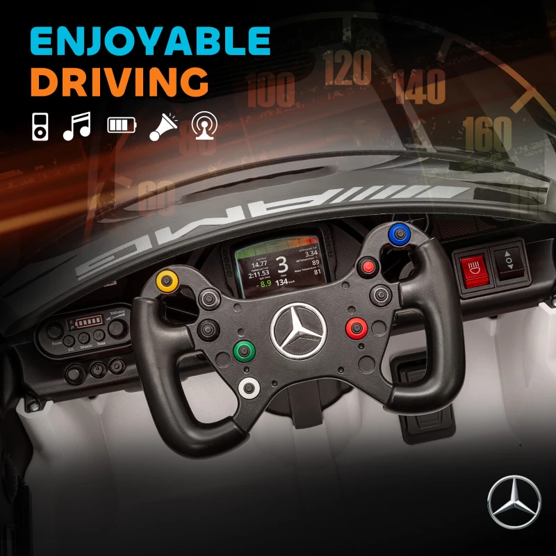 AIYAPLAY Elektryczny samochód Mercedes, Pojazd na siedzenie dla dzieci, Akumulator 12V, światła LED, funkcja muzyczna, klakson, 3-8 lat, Biały