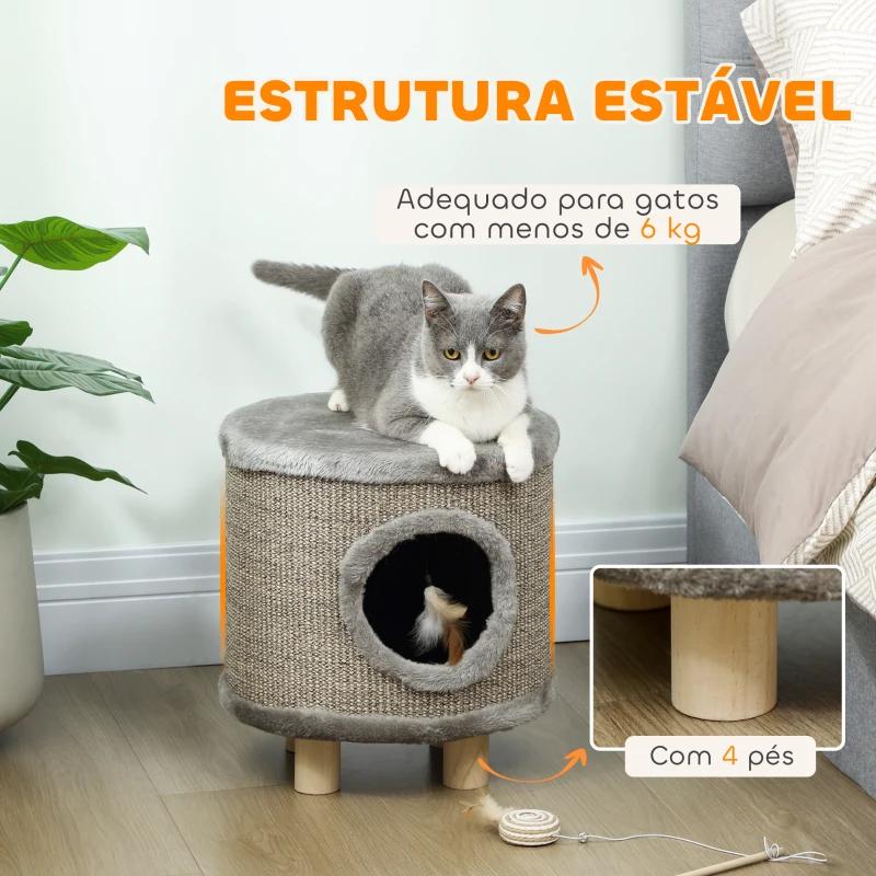 PawHut Casa para Gatos 3 em 1 Banco Apoio para os Pés e Cama com Arranhador e Brinquedo Pendurado 36x36x38 cm Cinzento