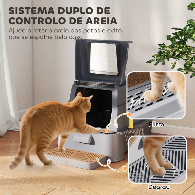 PawHut Caixa de Areia para Gatos de Aço Inoxidável XL com Tampa Articulada 180° Laterais Altas Pedal Pá 63x43x43 cm Cinzento Escuro