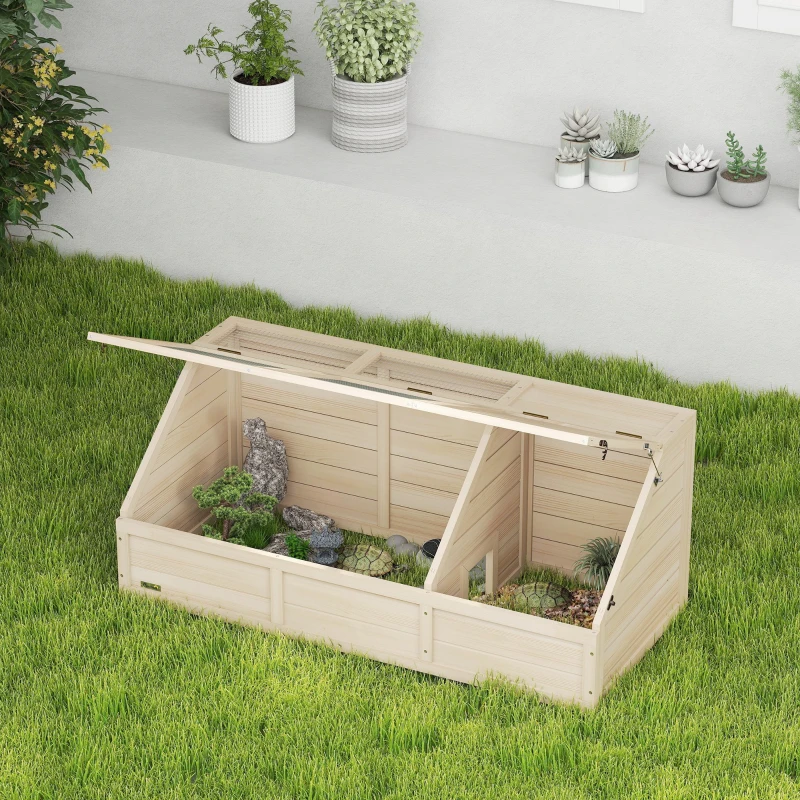 PawHut Casetta per tartaruga in legno con coperchio apribile, chiusure, 2 spazi distinti, Legno naturale