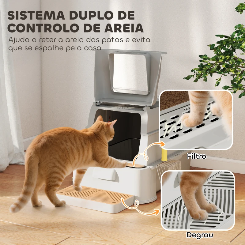PawHut Caixa de Areia para Gatos de Aço Inoxidável XL com Tampa Articulada 180° Laterais Altas Pedal Pá 63x43x43 cm Cinza Claro