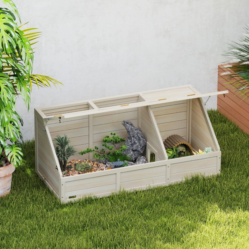 PawHut Casetta per tartaruga in legno con coperchio apribile, chiusure, 2 spazi distinti, Legno naturale