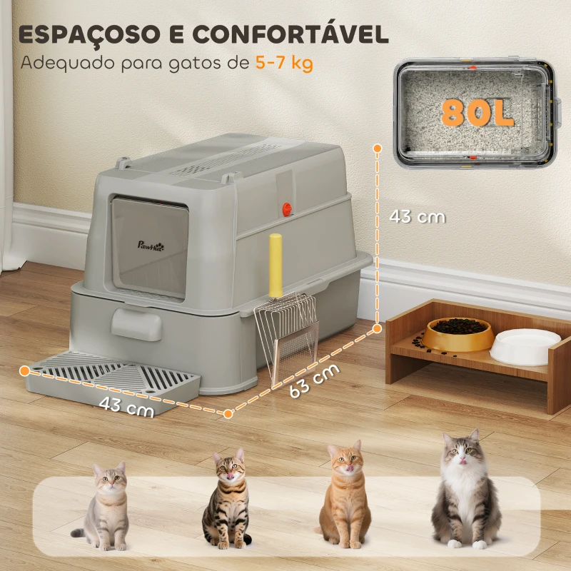 PawHut Caixa de Areia para Gatos de Aço Inoxidável XL com Tampa Articulada 180° Laterais Altas Pedal Pá 63x43x43 cm Cinza Claro
