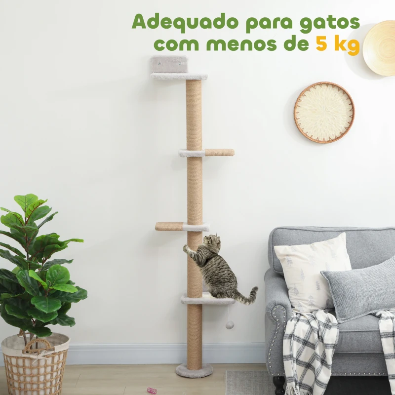 PawHut Arranhador para Gatos de Parede de 5 Níveis Estreito com Bola e Arranhadores de Sisal 48x21x180 cm Cinza Claro