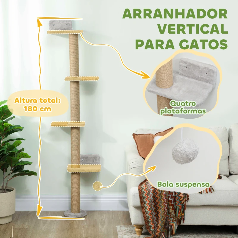 PawHut Arranhador para Gatos de Parede de 5 Níveis Estreito com Bola e Arranhadores de Sisal 48x21x180 cm Cinza Claro