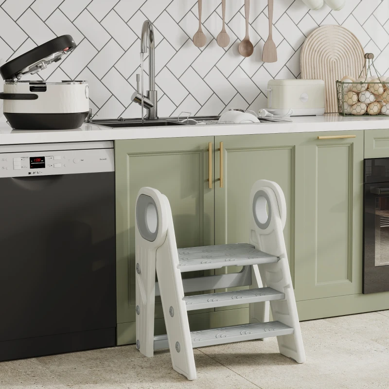 AIYAPLAY Marche pied pour enfant 3 marches, marchepied de cuisine pour enfant, pliable, hauteur ajustable de 2 à 3 marches, gris