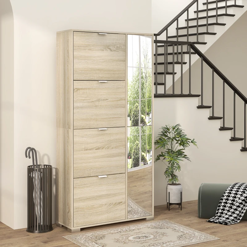HOMCOM Meuble à chaussures avec 4 abattants, 2 placards et façades miroir pour 16 paires de chaussures, meuble d'entrée