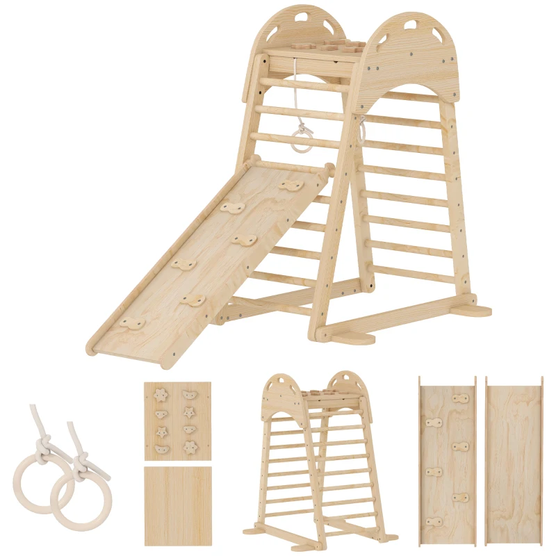 AIYAPLAY Triangle d'Escalade Montessori 6 en 1 avec Plateforme et Anneaux Structure d'Escalade en Bois avec Toboggan Naturel