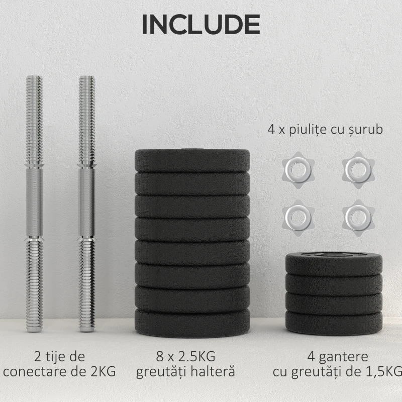 HOMCOM Set de Gantere 30 kg (8x2.5 kg, 4x1.5 kg) cu 12 Discuri și 2 Gantere de 2 kg, 43x18x7.5 cm, Negru