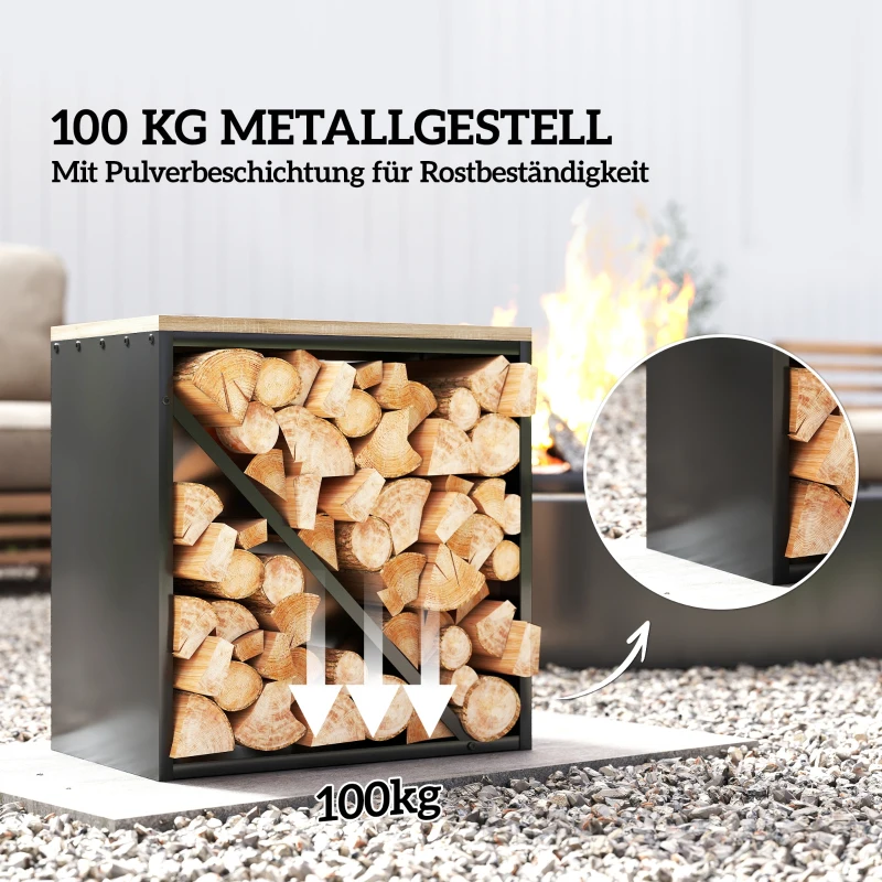 Outsunny 2-in-1 Kaminholzregal für innen 58 x 36 x 60cm erhöhtes Brennholzregal mit Trenner Metall Schwarz