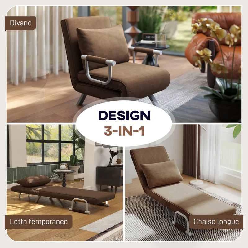 HOMCOM Poltrona Letto Moderna 2 in 1 con Schienale Reclinabile su 5 Posizioni e Cuscino, 65x69x80cm, Marrone