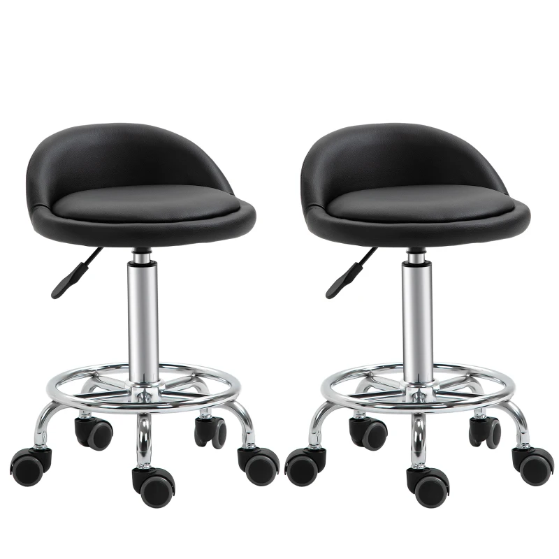 HOMCOM Lot de 2 tabouret à roulette pivotant 360°, assise réglable 47-62H cm, acier chromé revêtement synthétique noir