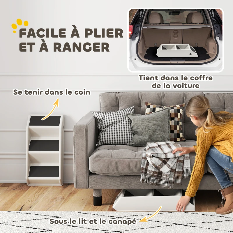 PawHut Escalier pour chien pliant à 3 marches antidérapantes escalier pour animaux en plastique 53 x 30,5 x 36,5 cm crème