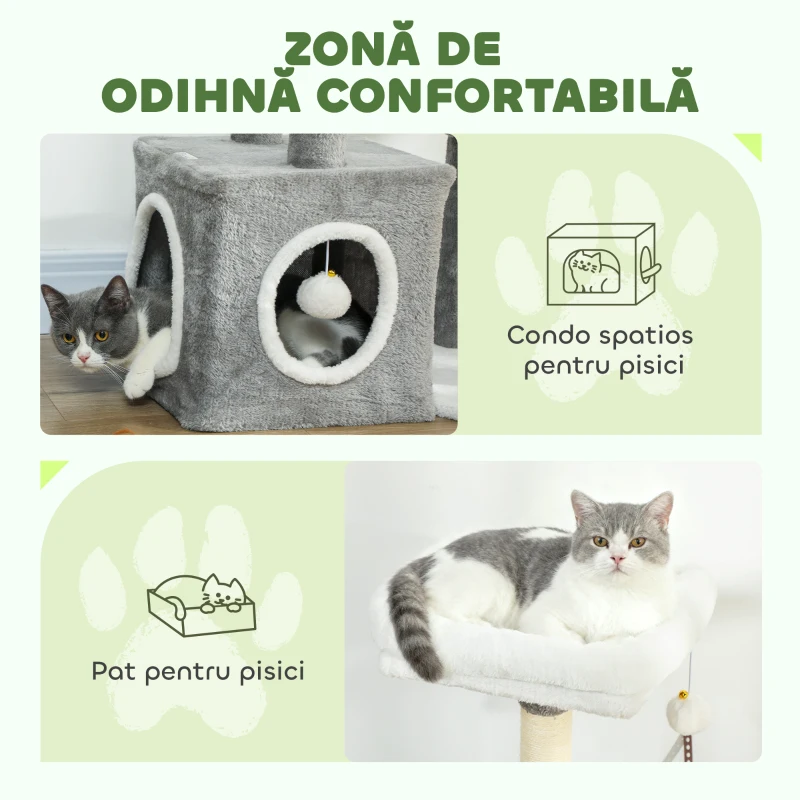 PawHut Arbore Zgâriător pentru Pisici cu Căsuță, Pat și 2 Mingi, Turn pentru Pisici din PFL, Pluș, Bumbac PP și Sisal, 55x40x107 cm, Gri și Alb