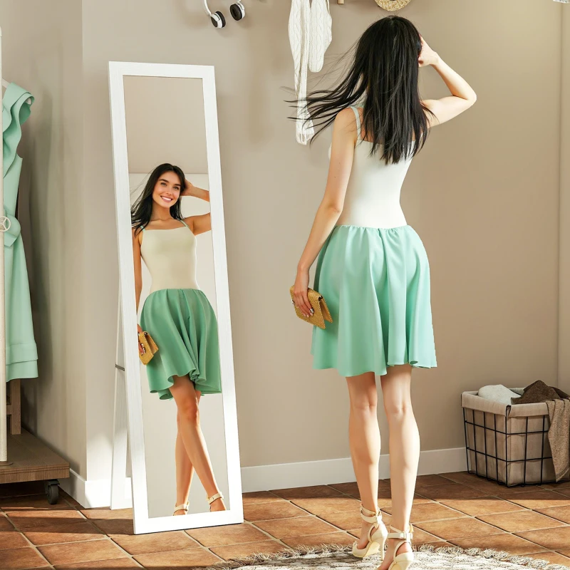 HOMCOM Miroir sur pied mural ou à poser rectangulaire avec cadre en bois pour salon chambre à coucher 37 x 155 cm blanc