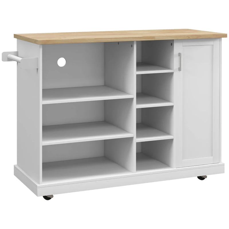 HOMCOM Desserte îlot de cuisine sur roulettes 7 compartiments 1 placard 1 porte 1 porte torchons 129 x 51 x 93 cm bois et blanc(m-11)