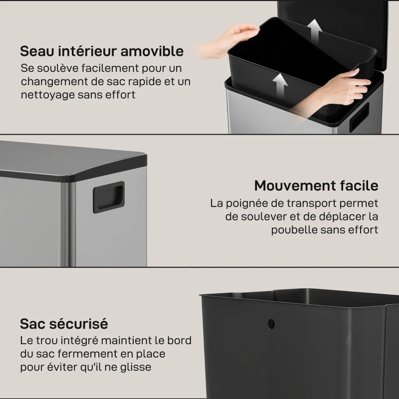 HOMCOM Poubelle cuisine 50L, poubelle à pédale, seau intérieur amovible, couvercle à fermeture douce, 41,7x36,6x62cm, argent