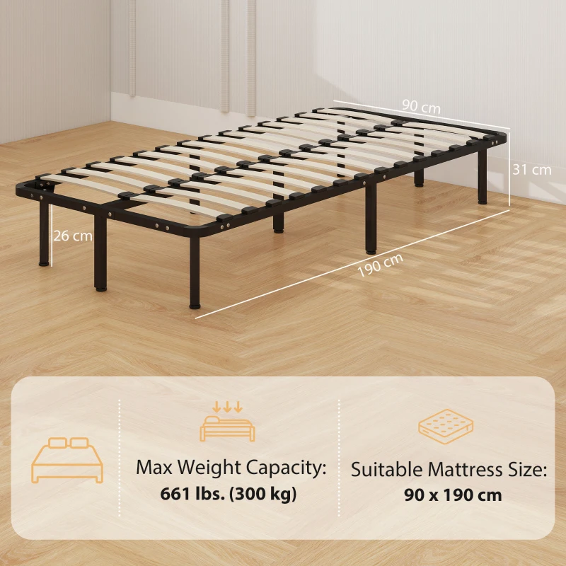 HOMCOM Cadre de lit industriel 28 lattes avec espace de rangement, en bois et acier, 190x90x31 cm, Noir et bois