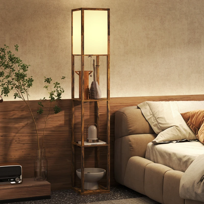 HOMCOM Floor Lamp with Shelves, 4 Layer Standing Lamp with USB Ports, 3 Colour Temperature, Rustic Brown