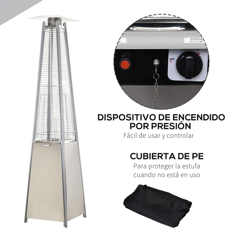 Outsunny Estufa de Gas para Exterior Pirámide 10,5 KW Calefactor para Patio de Propano Acero Inoxidable con Funda Protectora Regulador Manguera y Ruedas 57,5x52,5x227 cm Plata