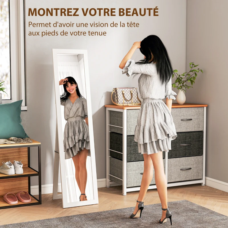 HOMCOM Miroir sur pied mural ou à poser rectangulaire avec cadre en bois pour salon chambre à coucher 37 x 155 cm blanc