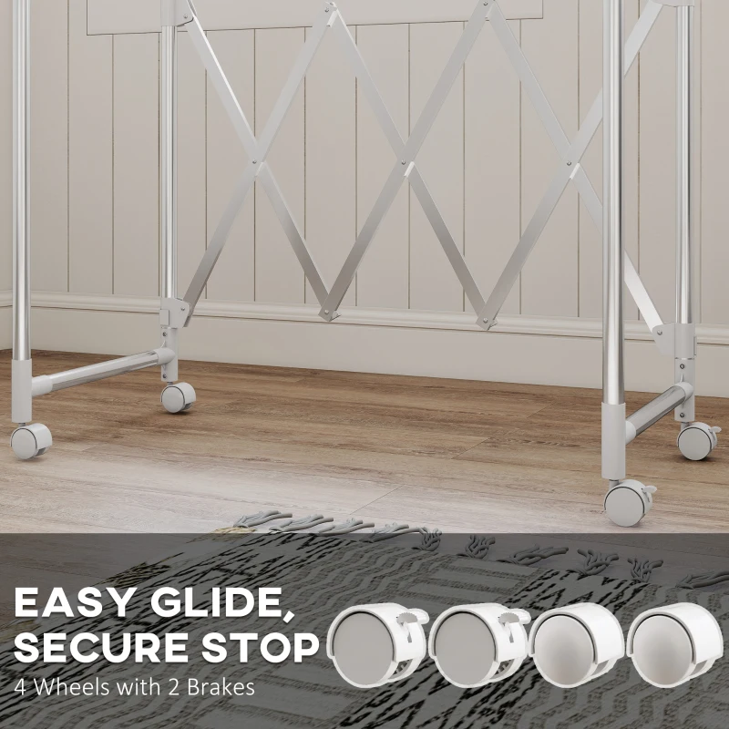 HOMCOM Uscător de Rufe Pliabil cu 3 Bare Reglabile, Uscător Vertical cu Roți Pivotante și Cadru din Oțel Inox, Uscător pentru Acasă și Spălătorie, Argintiu