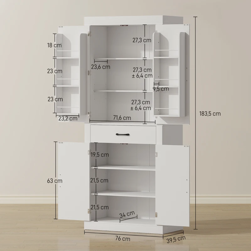 HOMCOM Küchenschrank im Landhausstil mit 2 Schränken, 6 Regalen und Schublade, aus Holz, 76x39.5x183.5 cm, Weiß