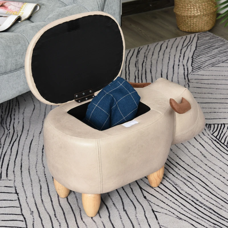 HOMCOM Tabouret Vache - Pouf Vachette - Pouf Taureau Coffre de Rangement 2 en 1 - Pieds Bois d'hévéa revêtement synthétique Aspect Crème
