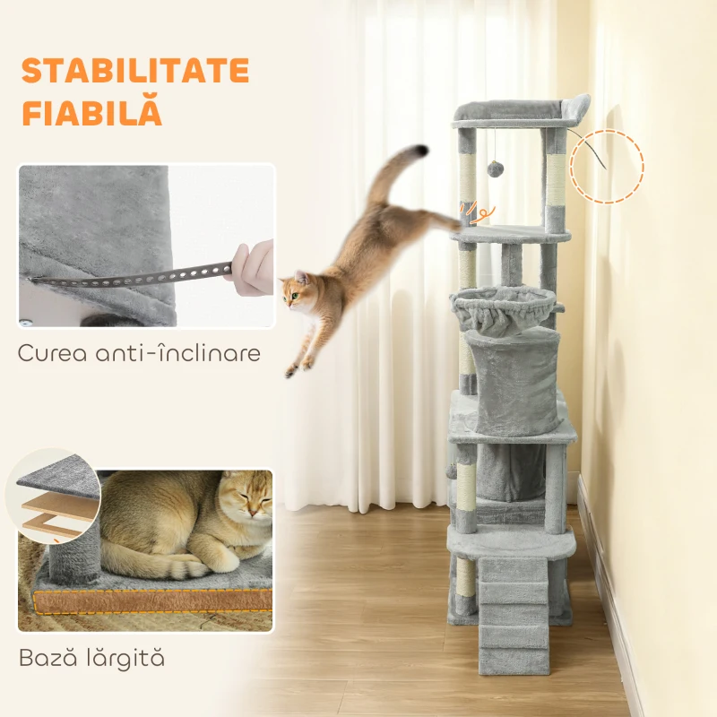 Pawhut Ansamblu de joacă pentru Pisici de 170 cm cu 7 Stâlpi Zgâriători, 2 Căsuțe, Hamac, Gri Deschis