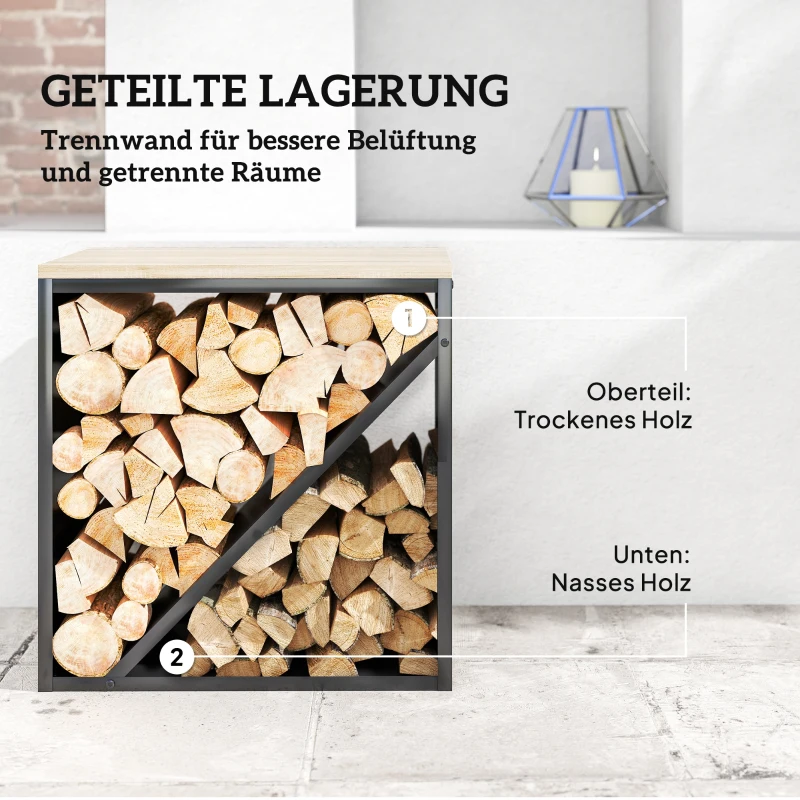 Outsunny 2-in-1 Kaminholzregal für innen 58 x 36 x 60cm erhöhtes Brennholzregal mit Trenner Metall Schwarz
