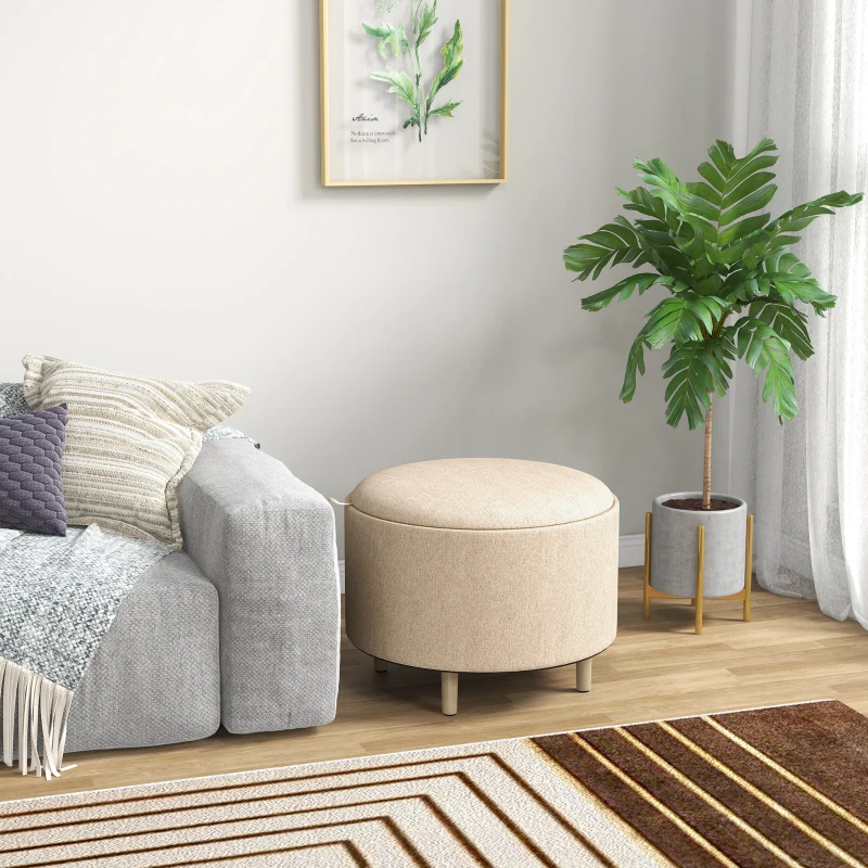 HOMCOM Pouf rond repose-pieds tabouret avec coffre de rangement, plateau réversible, meuble 3 en 1 pied en bois beige