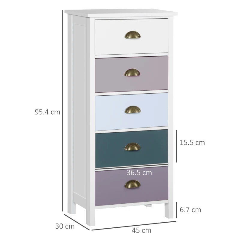 HOMCOM Slim Storage Cabinet Organiser, Chest of Drawers, 5-Drawer Dresser with Metal Handle for Living Room, Bedroom, Blue