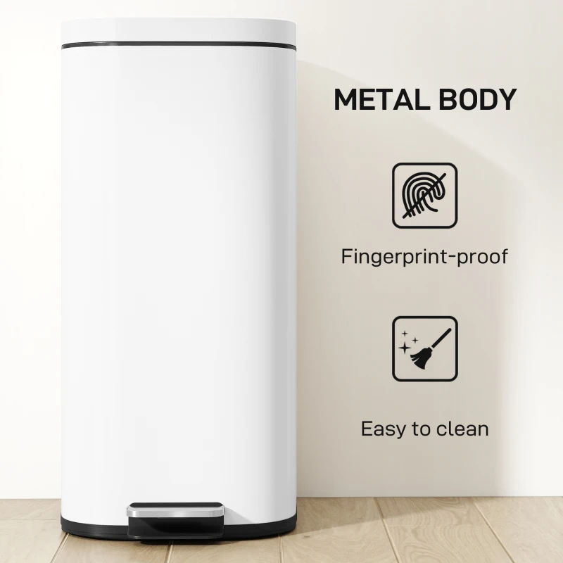 HOMCOM 30L Kitchen Bin, Compact Pedal Bin with Soft-Close and Stay-Open Lid, Removable Bucket for Kitchen, Home, Office, White